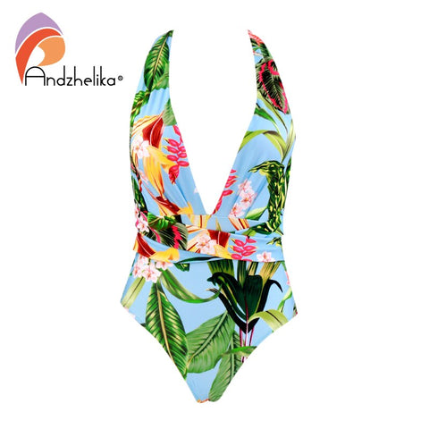 Andzhelika Floral Leaves V-Neck One Piece Swimsuit