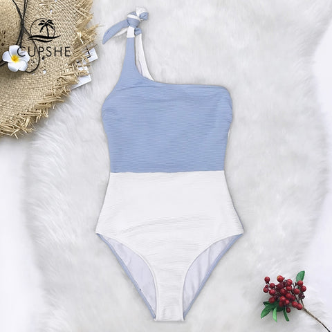 CUPSHE Blue And White Colorblock One Shoulder One-Piece