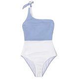 CUPSHE Blue And White Colorblock One Shoulder One-Piece